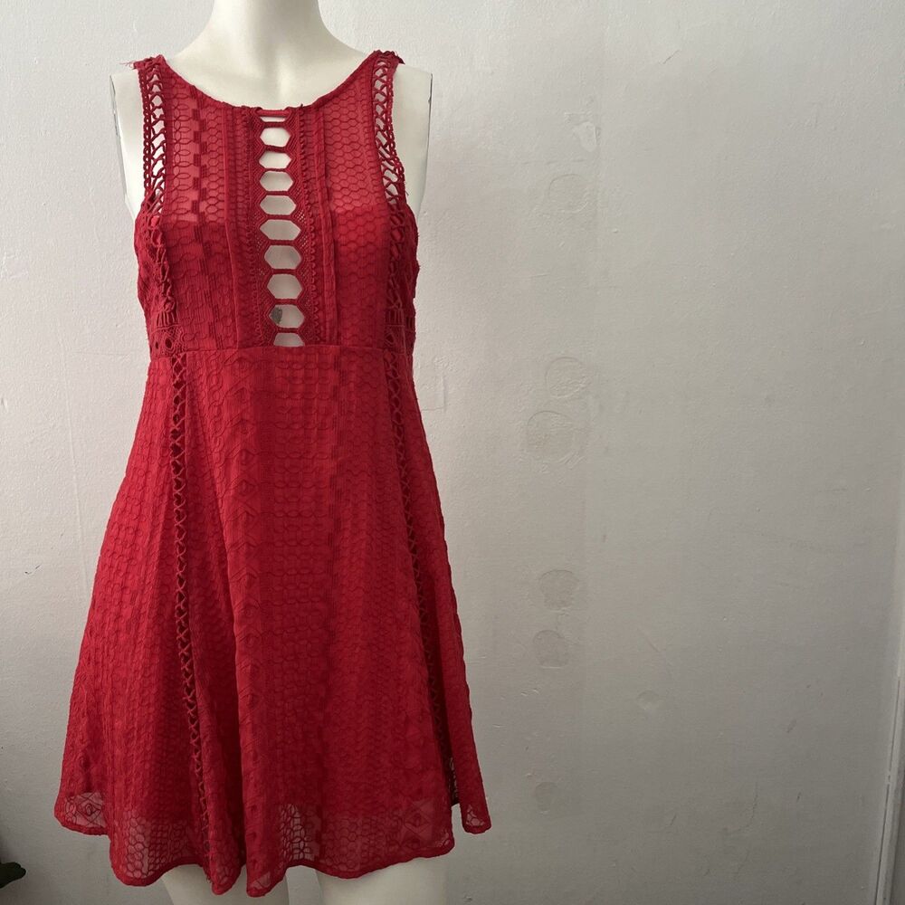 Free People Wherever You Go Mini Dress Sz 2 Red Crochet Skater Rodeo Cowgirl
